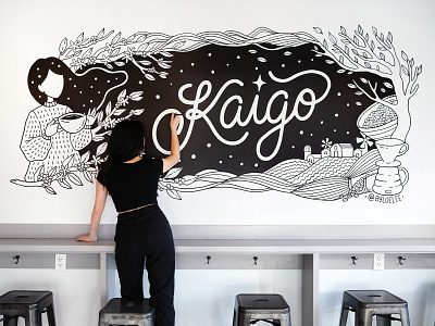 Kaigo Coffee Room Mural black and white hand drawn illustration lettering mural muralist nyc