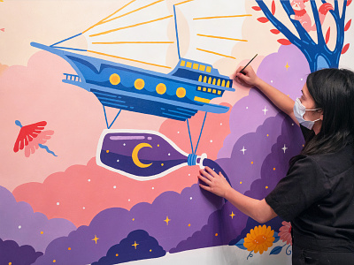 "Arrival at Dusk" Mural (2020) childrens illustration color fantasy fiction installation magic mural muralist nature new york city office painting stars