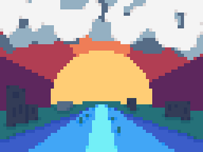 Vibrant Perspective Pixel Art Sunset 2d illustration perspective pixel art sunset