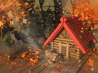 🍂 c4d color fall house leaves lowpoly photoshop tree