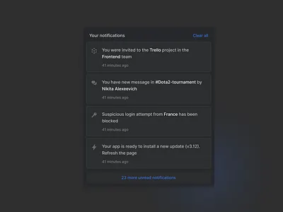 Notifications app dark dark theme dark ui dropdown modal notification notifications popup ui uidesign unread notifications webdesign