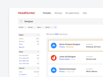📋 Find a job — HeadHunter Concept app app ui application dashboard filter finance find fintech headhunter jobs search search bar search box search engine search results ui user interface vacancies vacancy web