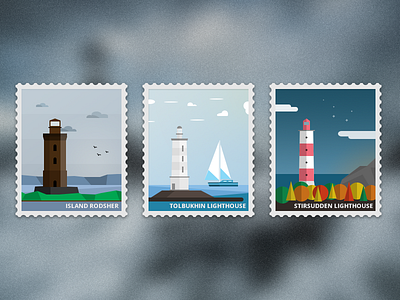Lighthouses of Petersburg / Stamps clouds lighthouse mountain nature postage stamp sea ship stamps storm tree water