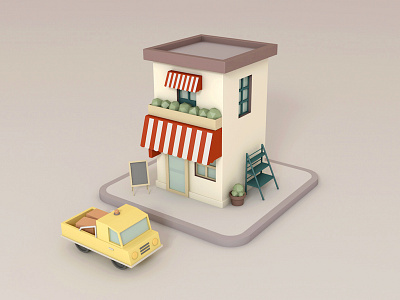 C4D modeling - small cafe and delivery van