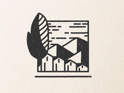 Woodblock block black and white house houses illustration mountains texture trees woodblock