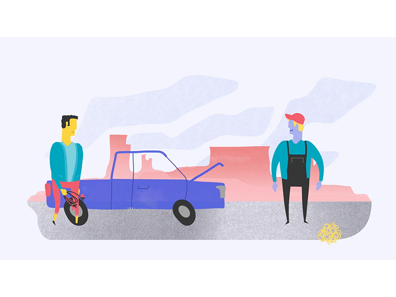 help has arrived broken down car character clouds explainer video motion graphics pastel texture walk cycle