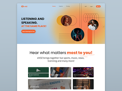 eVOZ Listening and speaking blue branding design hero page illustration landing music speaking ui vector