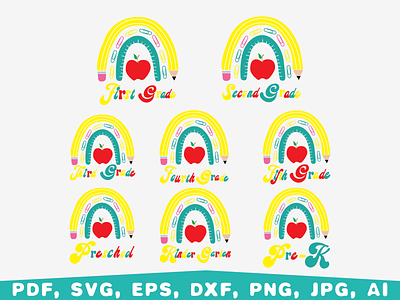 Retro Rainbow School, Back to School 1st grade 2nd grade back to school boho rainbow design first day of school graphic design illustration kids kindergarten retro rainbow school grades school shirt vector