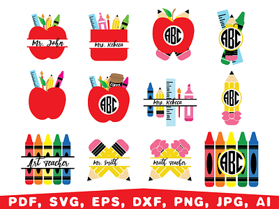 Crayon Split monogram, Teacher apple back to school design first day of school graphic design illustration school shirt teacher gift vector