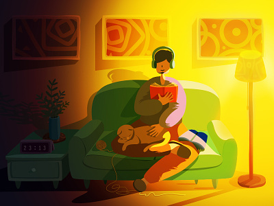 A Comfortable Night boy cat color comfortable illustration reading sofa