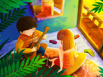 The happy time boy girl happy illustration sunshine ukulele