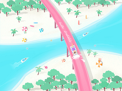 Hello dribbble~ beach blue boat bridge grass illustration pink sand sea tree