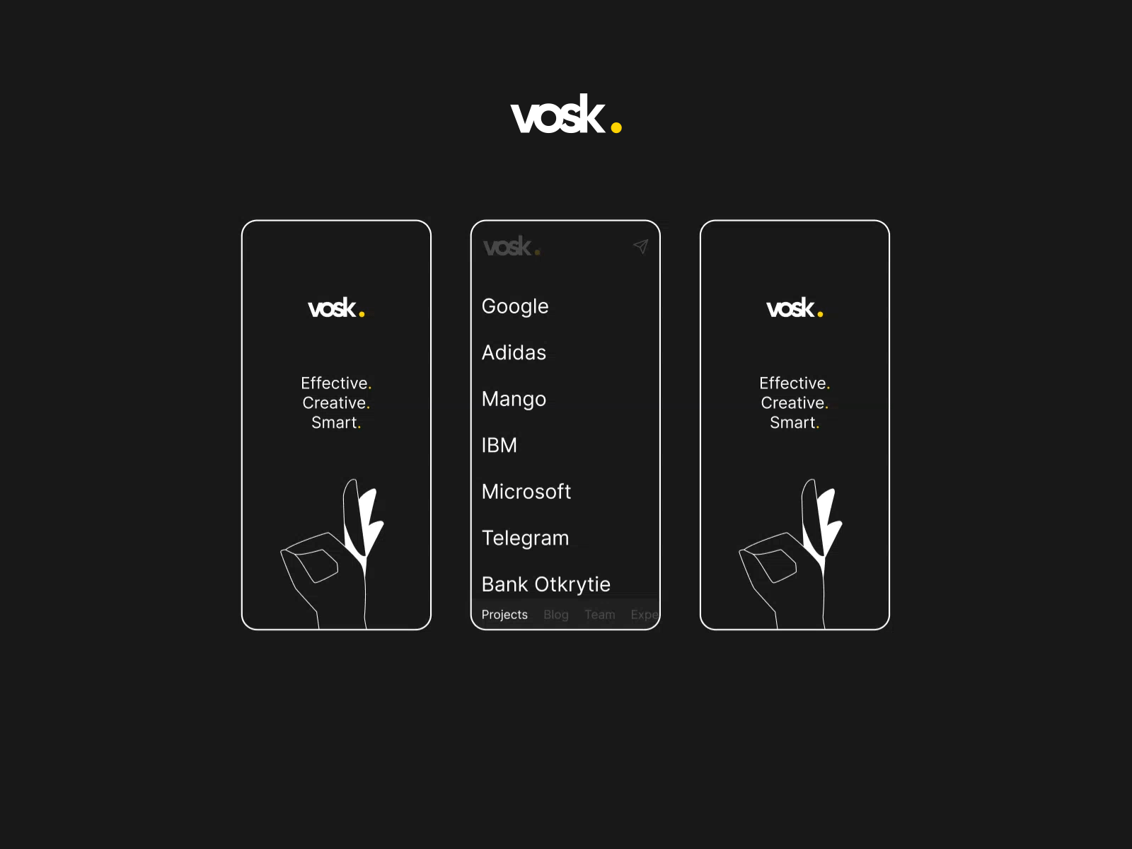 Vosk. Creative Studio Design Concept / Part 2 app black clean creative dark minimal mobile studio ui ui ux ui design web web design website