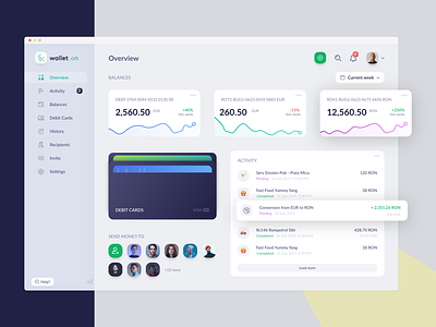 Finance App - wallet.on (TransferWise concept) banking app card holder card wallet chart dashboard clean ui daily ui dashboard dashboard ui debit card holder finance app finance business financial dashboard money app money management money transfer online banking wallet app weekly designs weeklycreatives