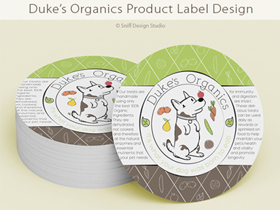 Label Design For Duke's Organics Dog Treats, UK business dog food illustrative organic packaging pet pet industry pets