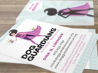 Dog Guardians Pet Resuce Business Card Design animal rescue canine cheeky chihuahua colorful dogs illustrative pet business pet industry retro super hero whimscial