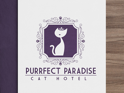 Feline Logo Design for Purrfect Paradise Cat Hotel 1 color cat crest design elegant kitty logo modern pet pet business
