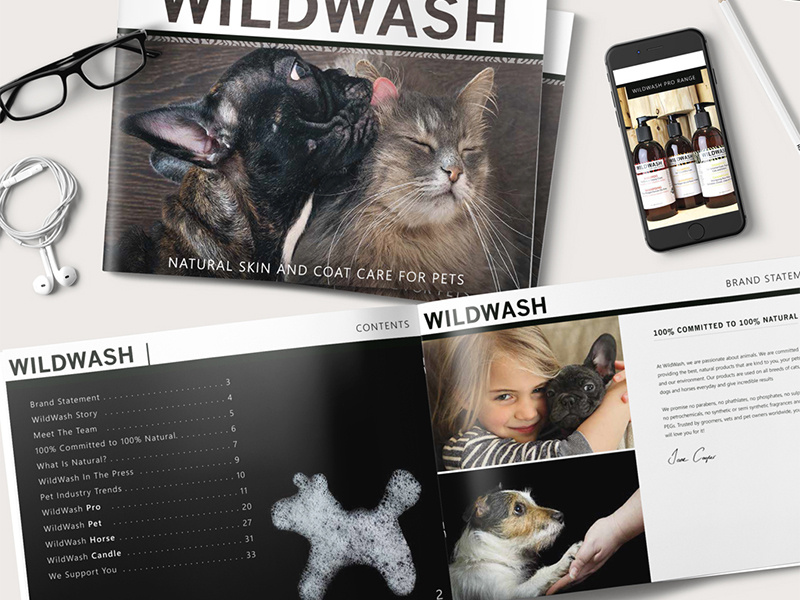 Print & Digital Marketing Document for WildWash Co. - UK pet logo design pet business canine pet boutique dog branding pet design