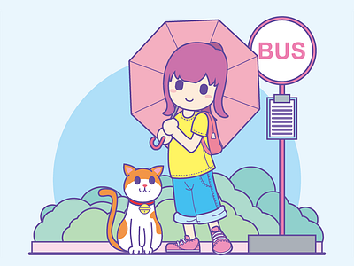 Little girl and cat waiting for the bus cat girl illustration