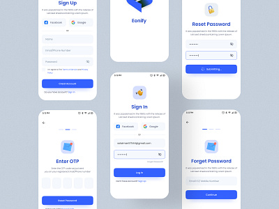 Eonify - Mobile App Authentication Page 📱📱 authentication echotemplate figma forget password ios md solaiman ali mobile app mobile app design onboarding screen product design reset password sign in sign up splash screen success state popup ui user experience user interface ux