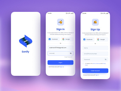 Eonify - Mobile App Authentication Page 📱📱 authentication design echotemplate figma forget password mobile app design product design sign in sign up success state popup ui user experience user interface