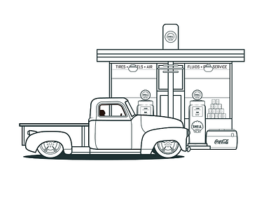 1950s Chevy Truck & Gas Station antique chevrolet cocacola coke fuel gas gas station illustration petrol shelloil truck vector