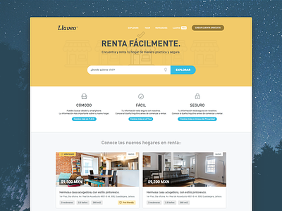 Llaveo homepage buttons cards department explore home house rental responsive ui web
