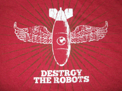 Printed Robots Tee bomb distressed red tee shirt wings