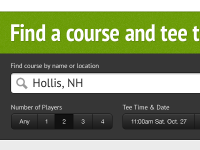 Find a course and tee time app buttons filters golf green pt sans search search results table
