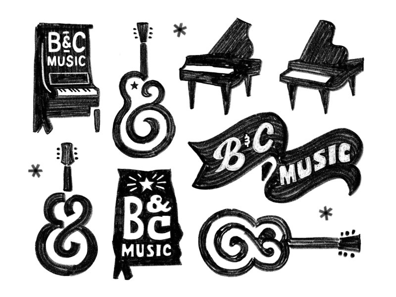 B&C Music texture sketchbook sketch soul auburn typography paino ampersand guitar bc south logo branding music alabama