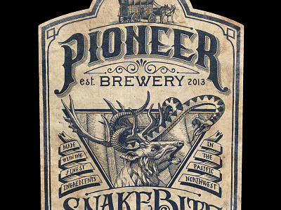 Pioneer Brewery Dribbble beer brewery deer hand made hatching label line art pioneer snake snakebite vintage