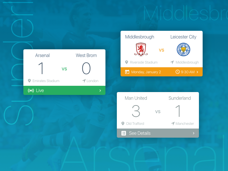 Soccer Cards flat material design material manchester ui card results fixture premier league arsenal cards