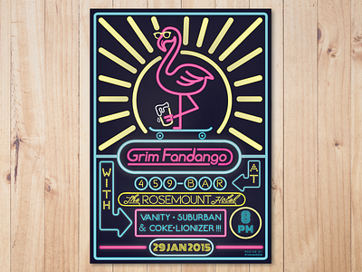 Gig Poster - Grim Fandango band flamingo gig gig poster grim fandango neon poster skateboard
