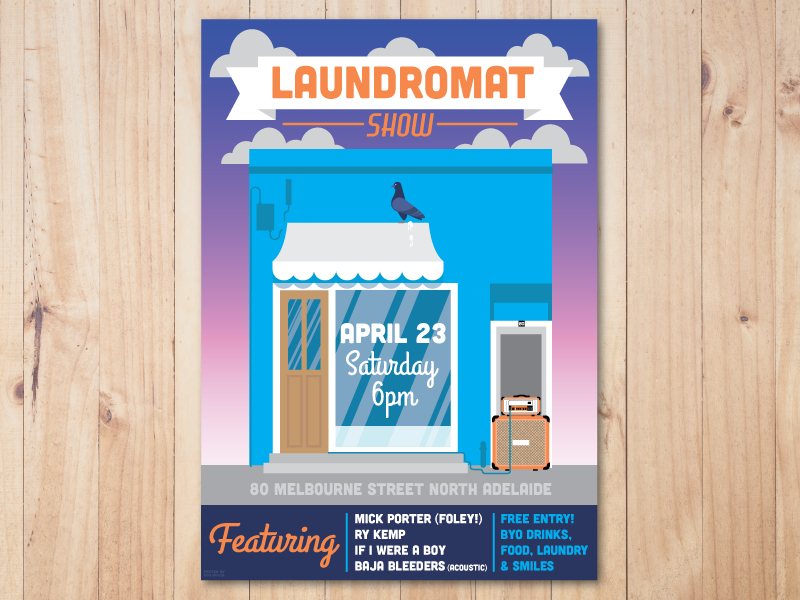 Gig Poster - Laundromat Show melbourne street adeliade orange pigeon laundromat laundry gig poster poster gig