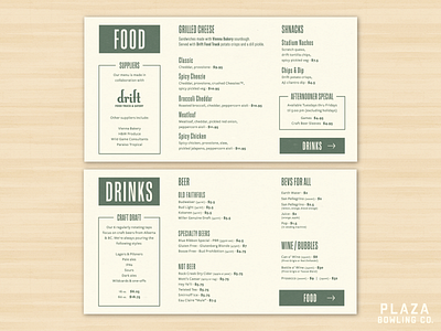 Plaza Bowling Co. Menu 50s bowling bowling alley brand branding drinks edmonton food food truck green menu menu card menu design restaraunt retro type