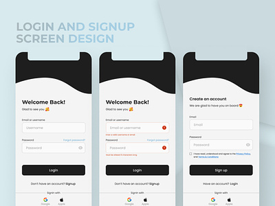 Login and Signup Screen UI Design for Mobile