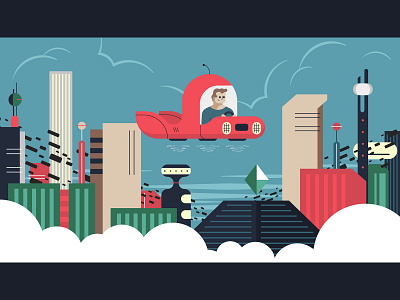 Space City city clouds flying car future illustration person skyline