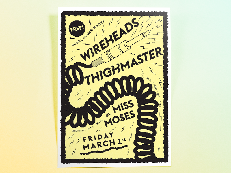 Double Header Shreder guitar lead electricity rock and roll gig poster illustration music