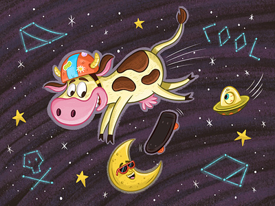 Over the Moon childrens illustration constellations cow galaxy illustration kidlit procreate skate skateboarding skating space stars ufo