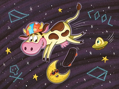 Over the Moon childrens illustration constellations cow galaxy illustration kidlit procreate skate skateboarding skating space stars ufo