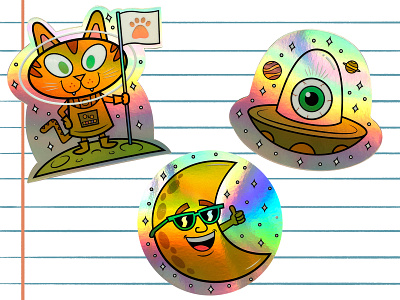 Space Stickers alien cat galaxy holographic illustration moon space stickers
