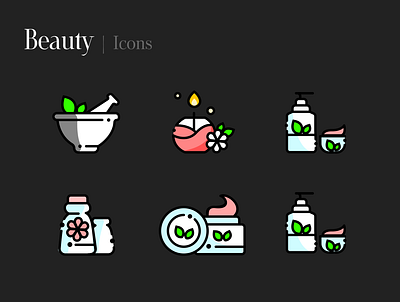 Beauty Icons | Iconography | Dark Theme andriod app beauty beauty app beauty icons branding dark theme graphic design grid herbal icon iconography ios logo makeup motion graphics proportions ui web