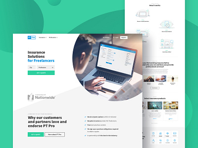 PTProCover Home page blue brokers clean consulting financial freelancer green illustration insurance interface profession responsive start up ui ux website