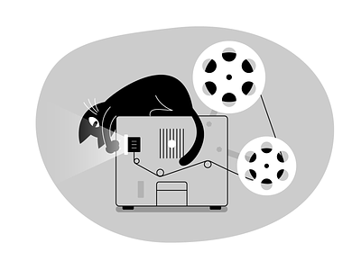 Cat on film projector black and white cat curious film illustration mischief movie movie projector