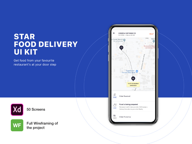 STAR FOOD DELIVERY APP UI KIT WITH 50 Screens food panda swiggy wireframe template app design template ui kit restaurant hotel online food food delivery app