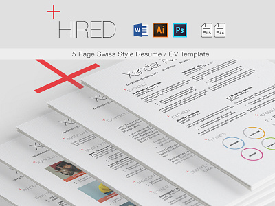 Hired - Swiss Style 5-Page Resume / CV Template cv illustrator photoshop red resume swiss swiss style template word