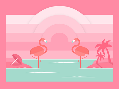 #Practice Diary -Flamingos beach coconut palm coconuts colors complementary colors flamingo pink sea