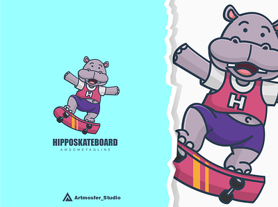 hipposkate character mascot character cute design hippo illustration logo mascot skateboard