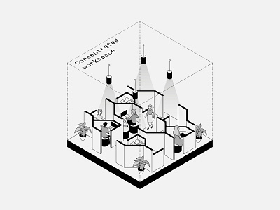 Concentrated Workspace architecture design illustration interiors isometric isometric illustration minimal typography vector