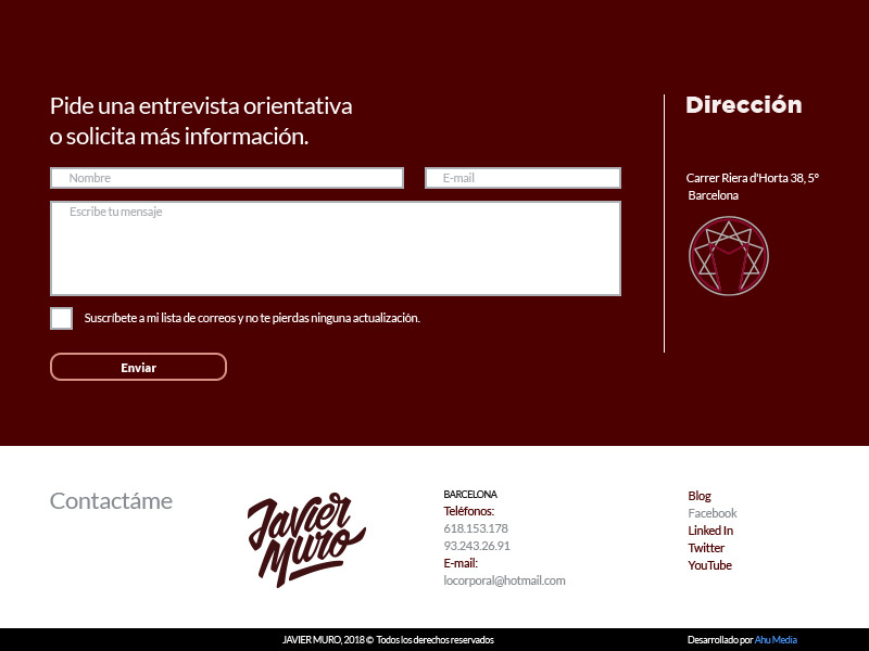 Javier Muro website - contact subscribe responsive laptop lead web design design barcelona enneagram ux ui footer website